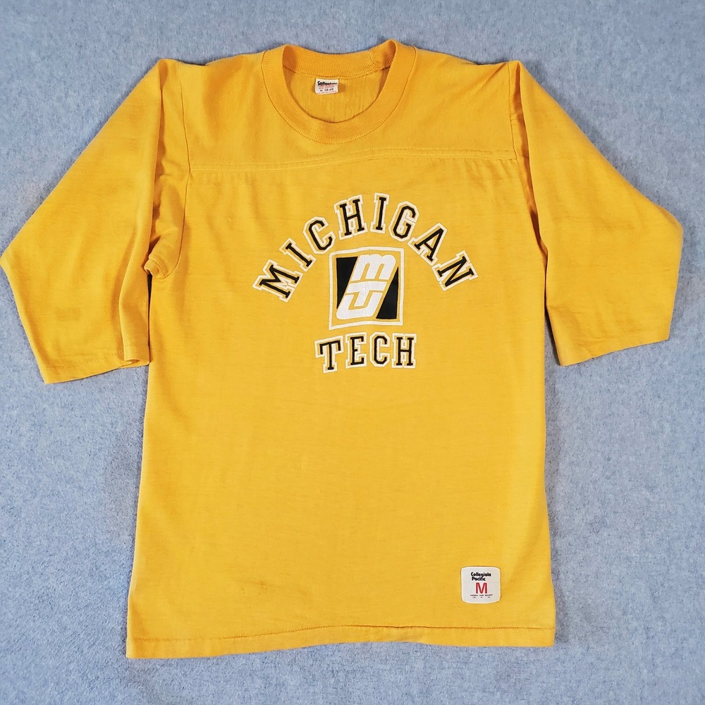 Vintage Collegiate Pacific Michigan Tech Jersey Shirt Yellow Mens Medium 80s USA